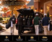 Chauffeur loading golf bags into a black SUV as golfers carry their clubs under a brick resort entrance in autumn.