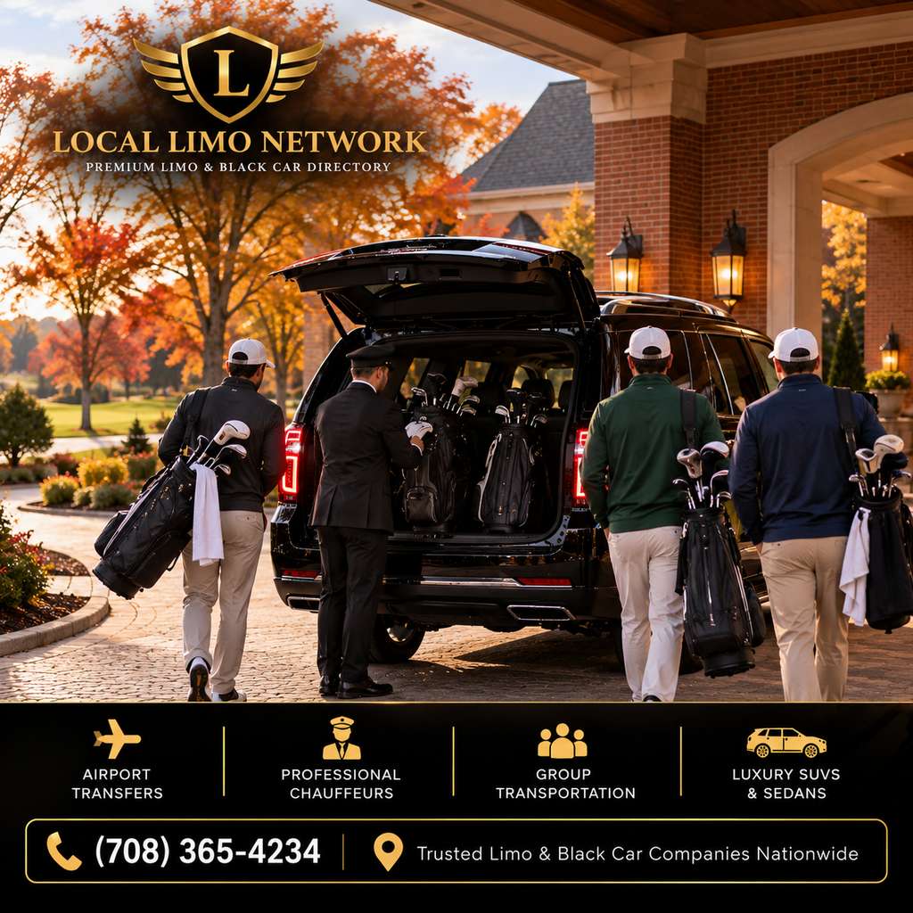 Chauffeur loading golf bags into a black SUV as golfers carry their clubs under a brick resort entrance in autumn.