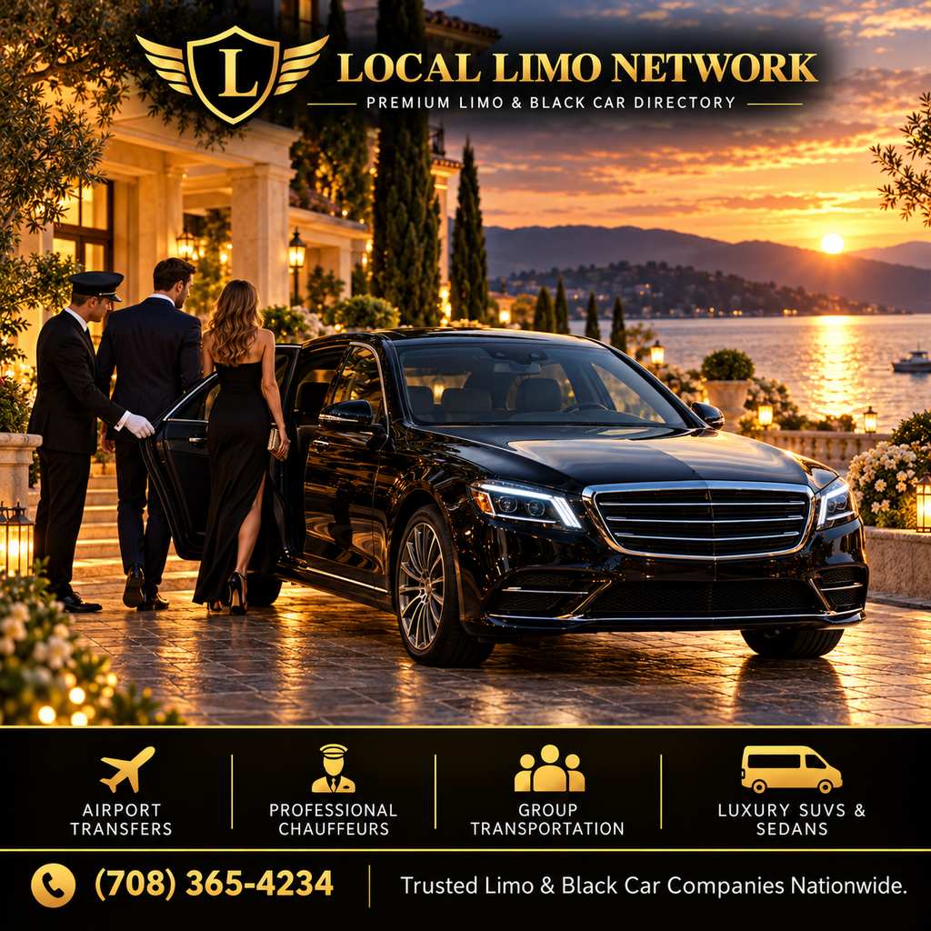 Chauffeur opening the door of a black sedan for a couple outside a lakeside resort at sunset.