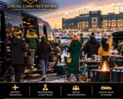 Football fans in green and gold winter hats tailgating and boarding a black Sprinter van in a snowy stadium lot.