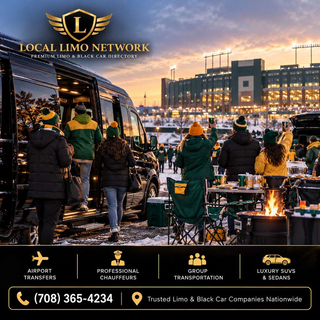 Football fans in green and gold winter hats tailgating and boarding a black Sprinter van in a snowy stadium lot.