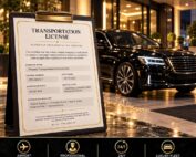 Limo company license certificate on a clipboard in front of a black sedan at a hotel entrance.