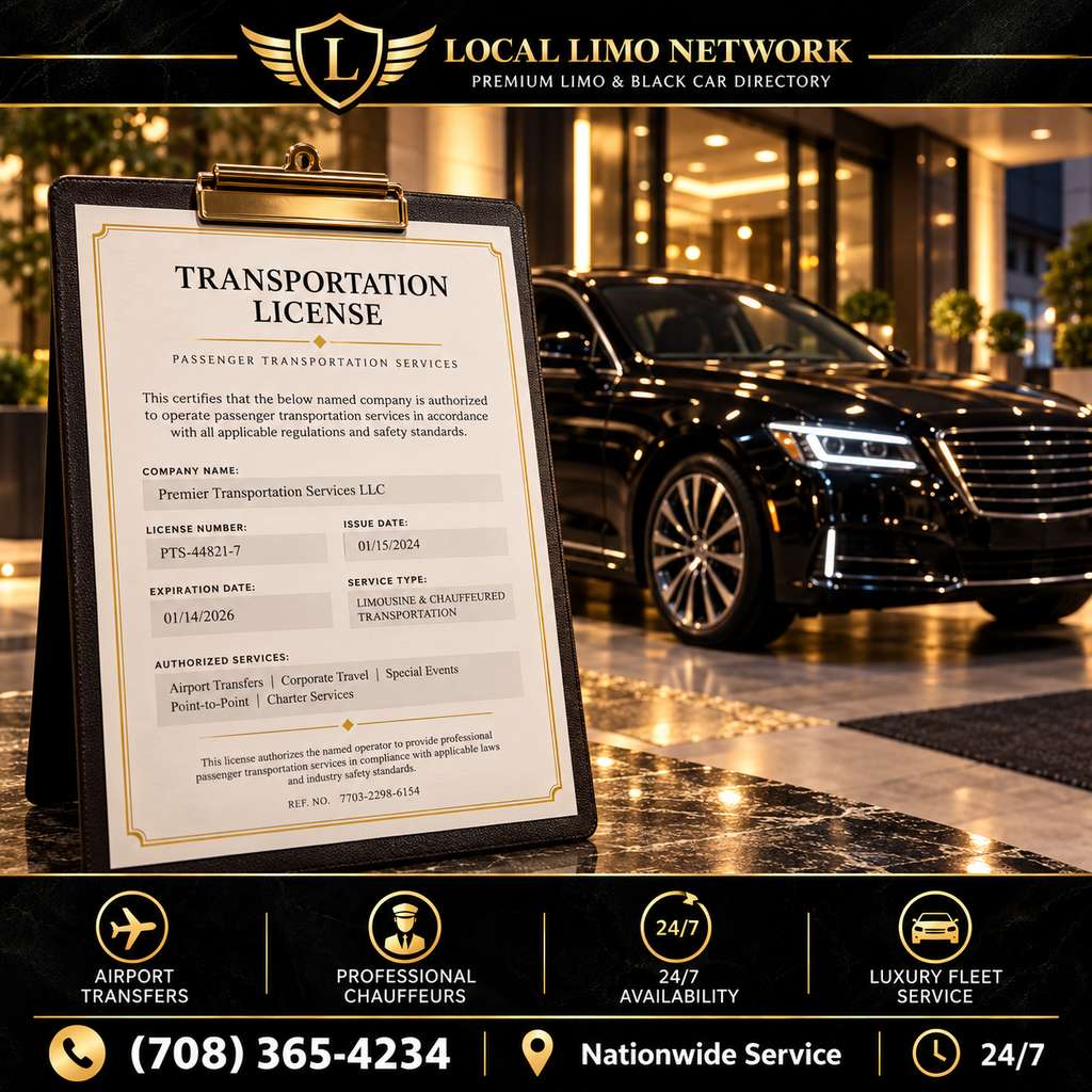 Limo company license certificate on a clipboard in front of a black sedan at a hotel entrance.