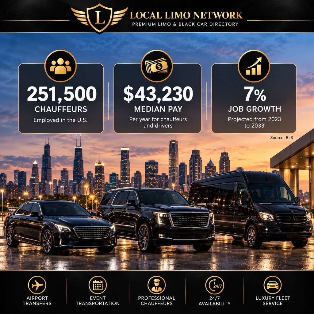 Infographic of U.S. limo industry statistics showing 251,500 chauffeurs, median pay and 7% job growth, over a black sedan, SUV and Sprinter van.