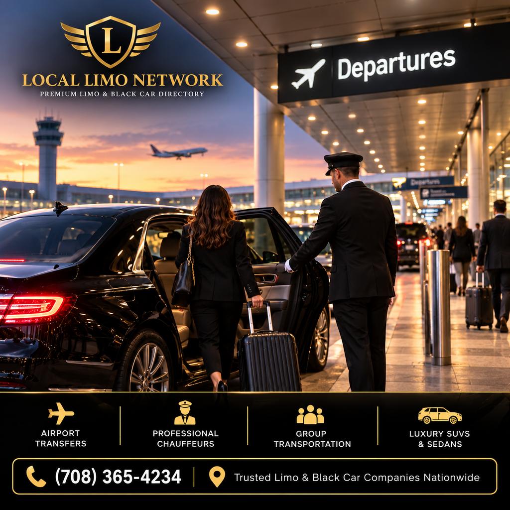 Chauffeur opening the rear door of a black sedan for a traveler with a suitcase under an airport departures sign at dusk.