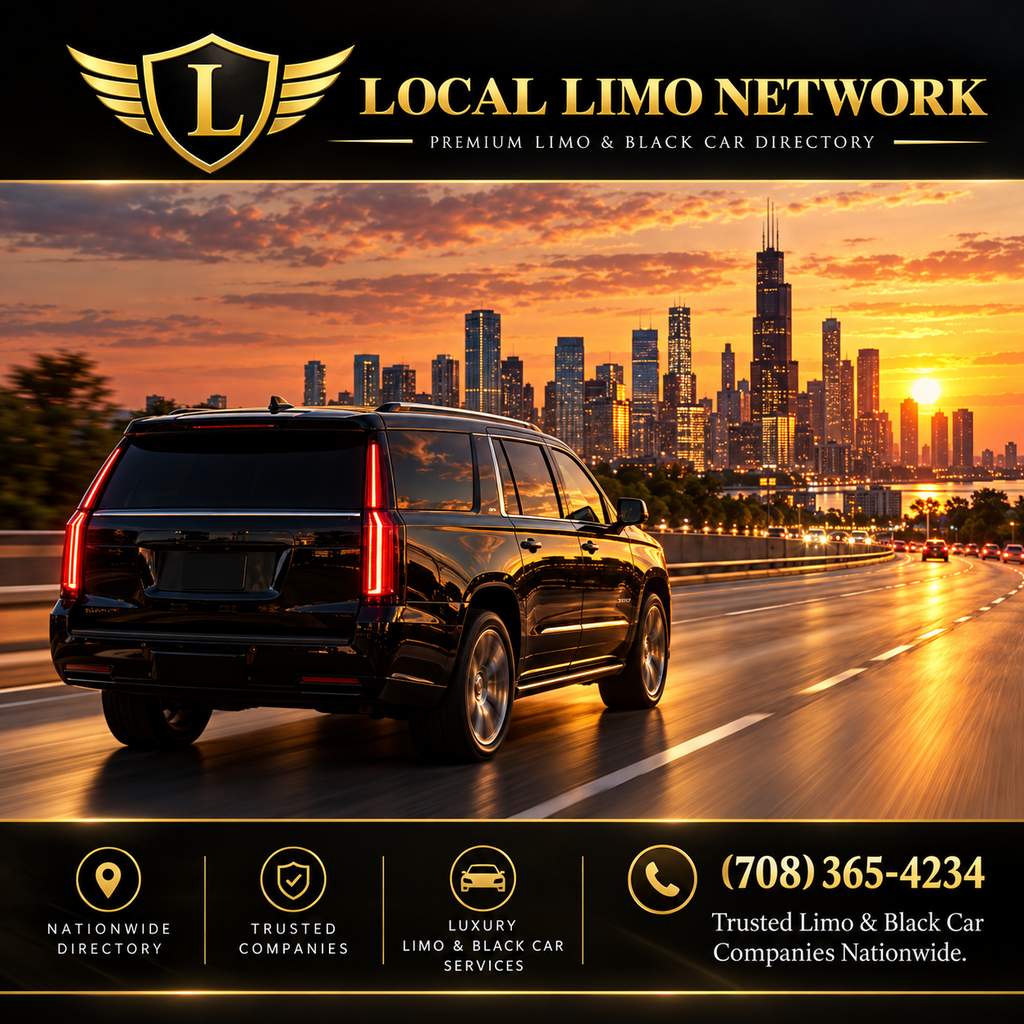 Black SUV driving on a lakefront highway toward the Chicago skyline at sunset.
