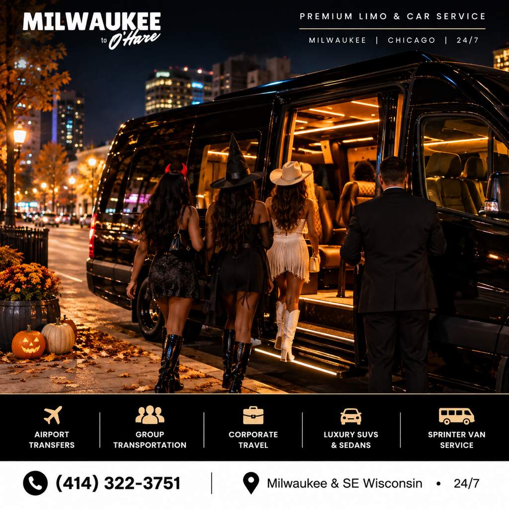 Costumed group boarding a lit Sprinter party bus on a fall night with pumpkins on the sidewalk, showing a Halloween party bus round trip from Wisconsin