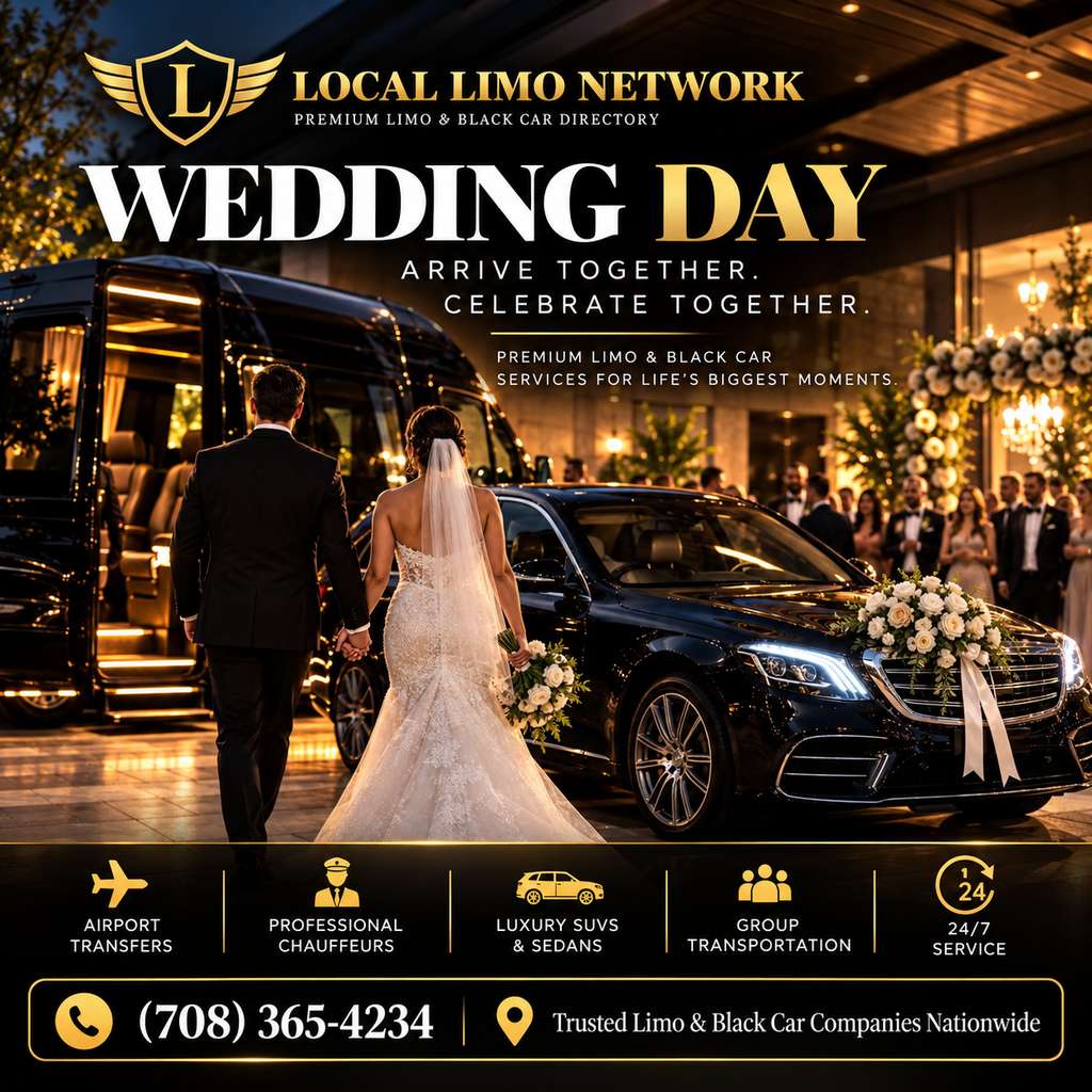 Bride and groom walking hand in hand to a flower-decorated black sedan, with a Sprinter shuttle and wedding guests behind them.