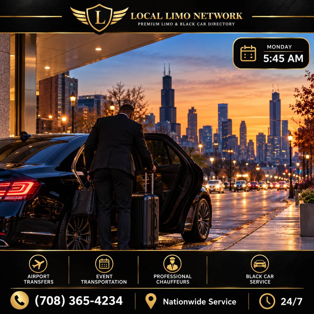 monday-morning-atl-car-service-lln Chauffeur loading a rolling suitcase and briefcase into a black sedan outside a hotel at sunrise for an early Monday morning car service ride to the airport.