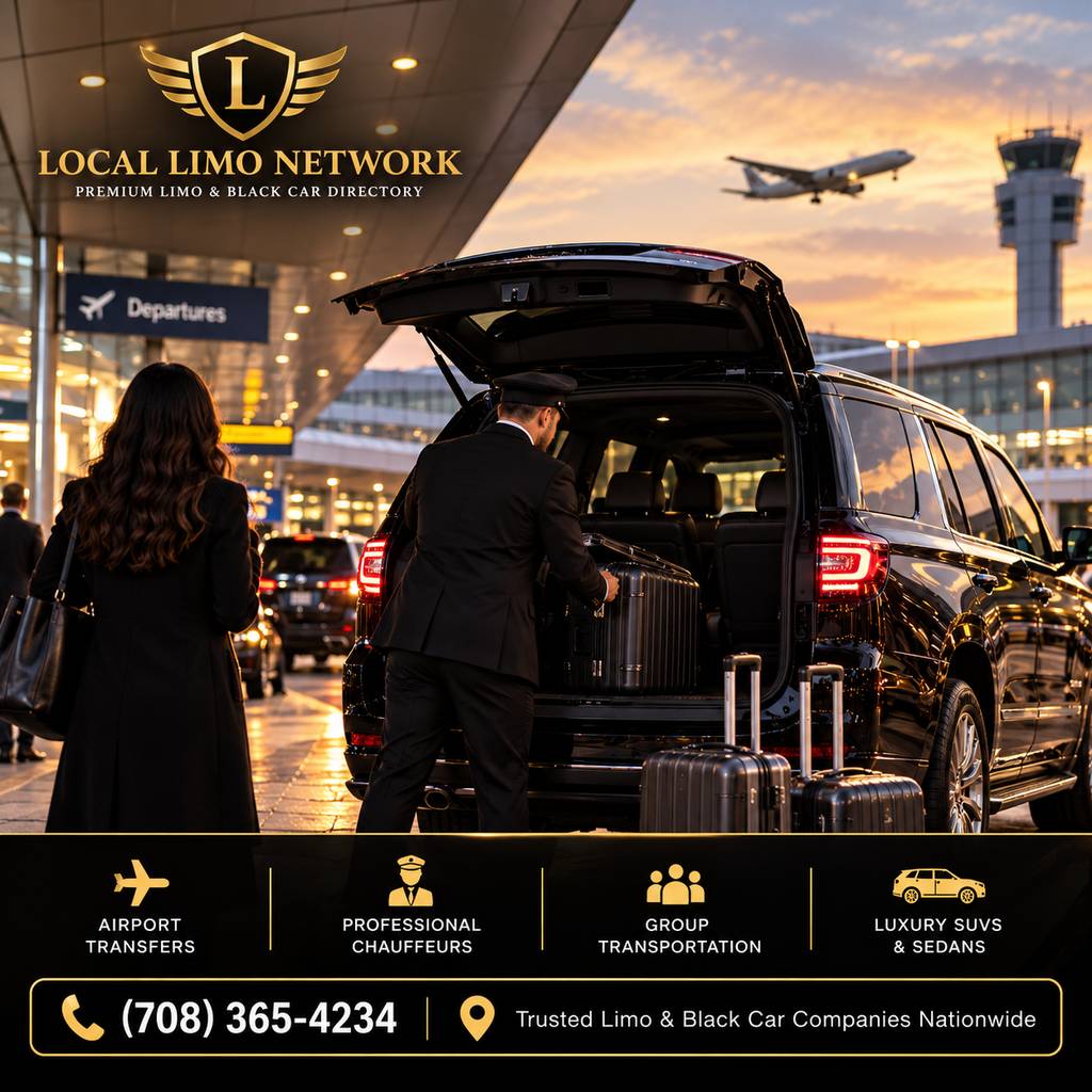 Chauffeur loading luggage into the back of a black SUV at an airport departures curb as a plane takes off at sunset.