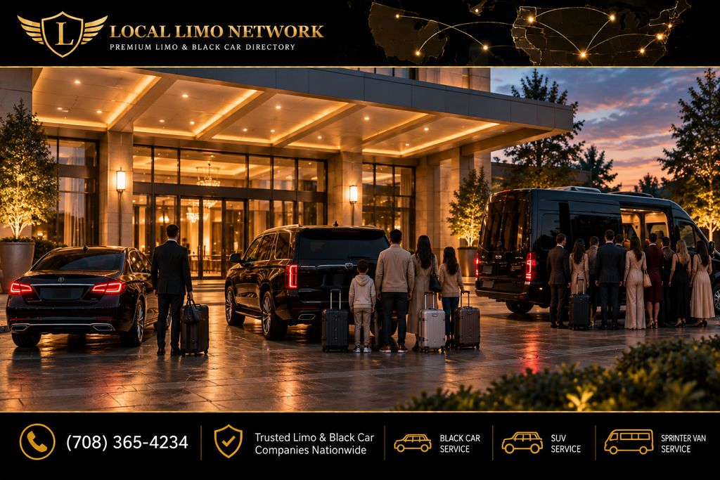 A black sedan, SUV and Sprinter parked in a row outside a hotel entrance at dusk, with a solo traveler, a family with suitcases and a large dressed-up group beside each