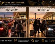 Two calendar pages labeled Monday and Tuesday, showing a crowded airport curb with long lines on Monday and a calm curb where a chauffeur holds a black sedan door on Tuesday