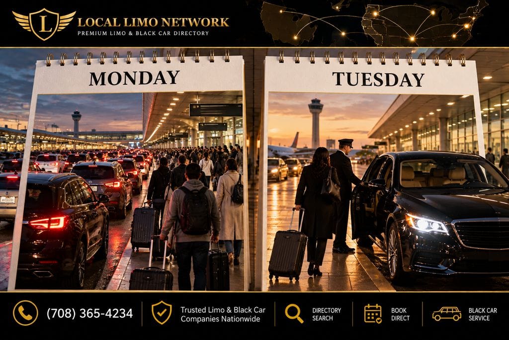 Two calendar pages labeled Monday and Tuesday, showing a crowded airport curb with long lines on Monday and a calm curb where a chauffeur holds a black sedan door on Tuesday