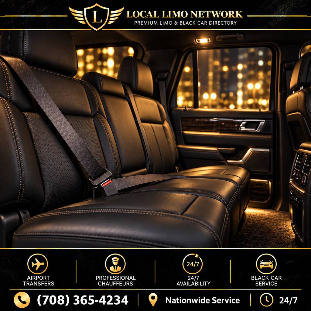 stretch-limo-seat-belt-and-safety-rules-by-state Seat belt buckled across a black leather passenger seat inside a chauffeured vehicle.