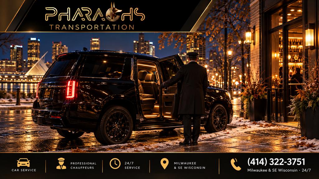 Chauffeur holding open the door of a black SUV outside a warmly lit Milwaukee bar on a frosty fall night, showing a private chauffeur for Thanksgiving Eve in Milwaukee