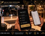 Hand holding a phone showing a clean limo quote with a gold total bar, beside a second phone with a long list of line items, in a hotel lobby with a black SUV outside