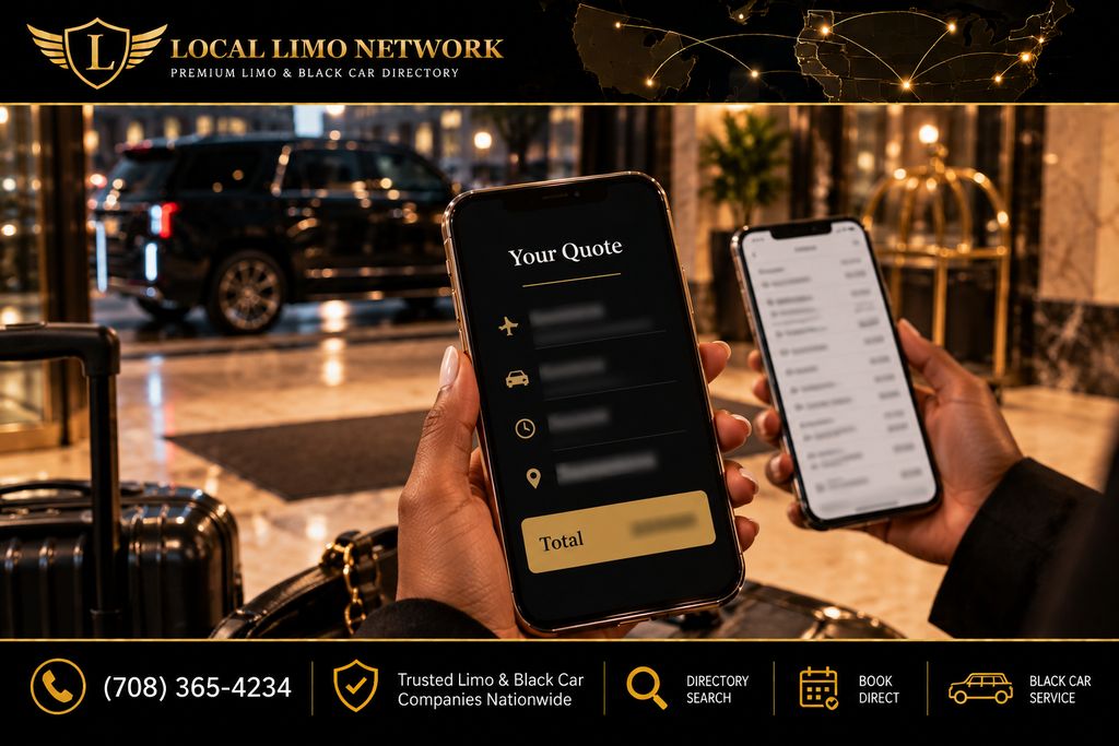 Hand holding a phone showing a clean limo quote with a gold total bar, beside a second phone with a long list of line items, in a hotel lobby with a black SUV outside