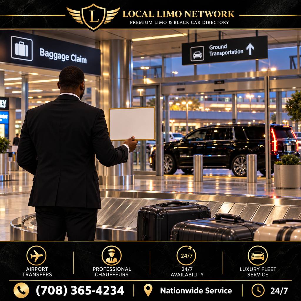 where-chauffeurs-pick-up-at-the-busiest-u-s-airports Chauffeur holding a name sign at airport baggage claim for a meet-and-greet pickup, with a black SUV waiting outside.