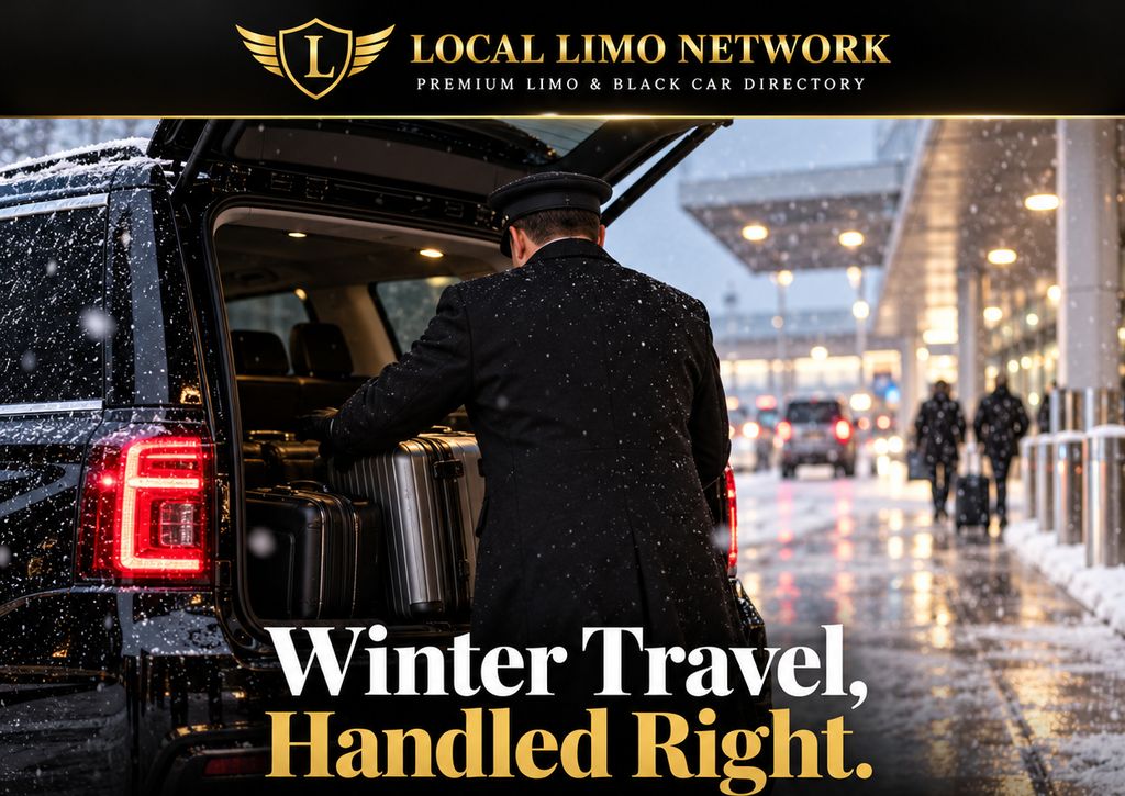 Chauffeur loading luggage into a black SUV at a snowy airport curb.