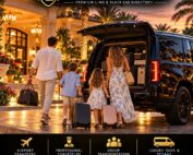 Family with two kids rolling suitcases toward a black SUV outside a resort entrance at dusk.