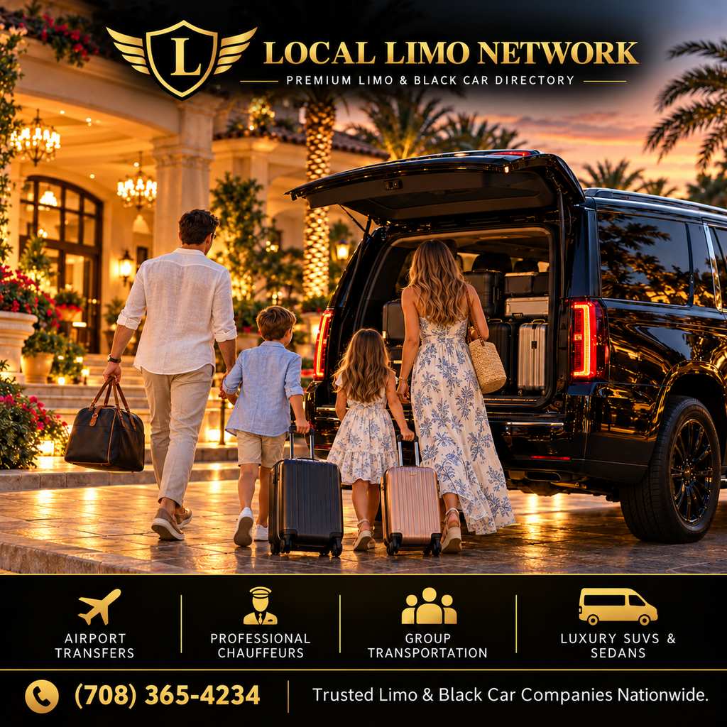 Family with two kids rolling suitcases toward a black SUV outside a resort entrance at dusk.